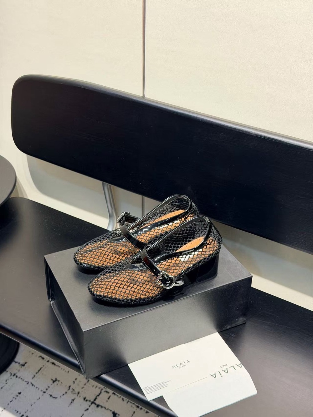 Alaia Black Mesh Mary Jane Flats with Patent Strap